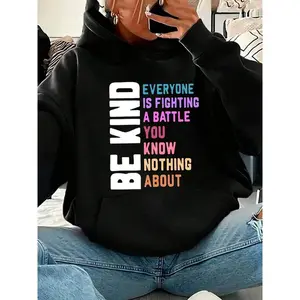 Women's Light Purple Letter Print Hoodie - Be Kind Inspirational Design Cozy Fleece Long Sleeve Sweatshirt Casual Fall Winter Wear Machine Washable Polyester Inspirational Apparel Relaxed 100% Comfortable Cotton Pattern T-Shirt