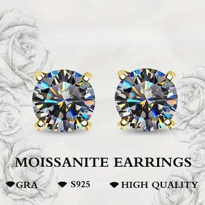 S925 Sterling Silver GRA Certified Moissanite Stud Earrings, Round Cut 4-Prong Hypoallergenic Everyday Jewelry Gold Plated Gemstone Earring Set