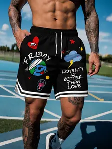 Men's Friday Cartoon Print Basketball Shorts with Folded Hem, Casual Sport Drawstring Athletic Shorts Suitable for All Seasons, Loose Fit, Drawstring Active Shorts, Cartoon Graphic Shorts, Athletic Wear Shorts