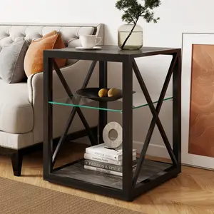Eyisean 17.7" Modern Industrial Wooden Side Table, Square End Table with Tempered Glass & Rustic/Natural Wood Top, Durable 3-Tier Nightstand with Storage Shelf & X-Frame Support for Living Room, Bedroom