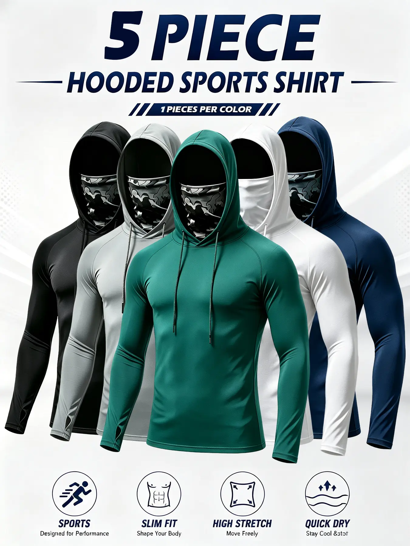 6/3 Pack Men's Sun Protection Long Sleeve Hooded Shirts, 4-Way Stretch Quick Dry Compression Work Shirt with Built-in Face Mask & Neck Gaiter, UV Protection for Fishing Cycling Gardening Outdoor Work Dry Fit Active