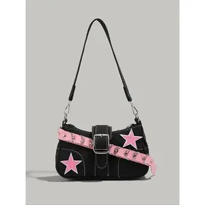 Women's Colorblock Y2k Hobo Bag, Fashionable Stars & Belted Decor Shoulder Bag, Vintage Y2k Shoulder Bag, Casual Trendy Commuting Bag, Girl Shopping Bag