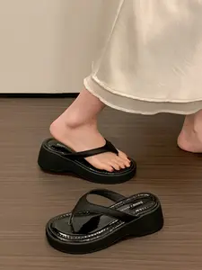 Summer Minimalist Satin Wedge Heel Thong Sandals, Thick Sole Height Boost Anti-Slip Beach Shoes, Soft Bottom Versatile Flip Flops