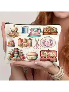 Handmade Sewing-Themed Makeup Bag - Double-Sided Vintage Sewing Machine & Floral Print, Durable Non-Fading Zipper, Lightweight Foldable Large Capacity Cosmetic Organizer for Travel, Gift for Crafters, Birthdays, Holidays (Beige)