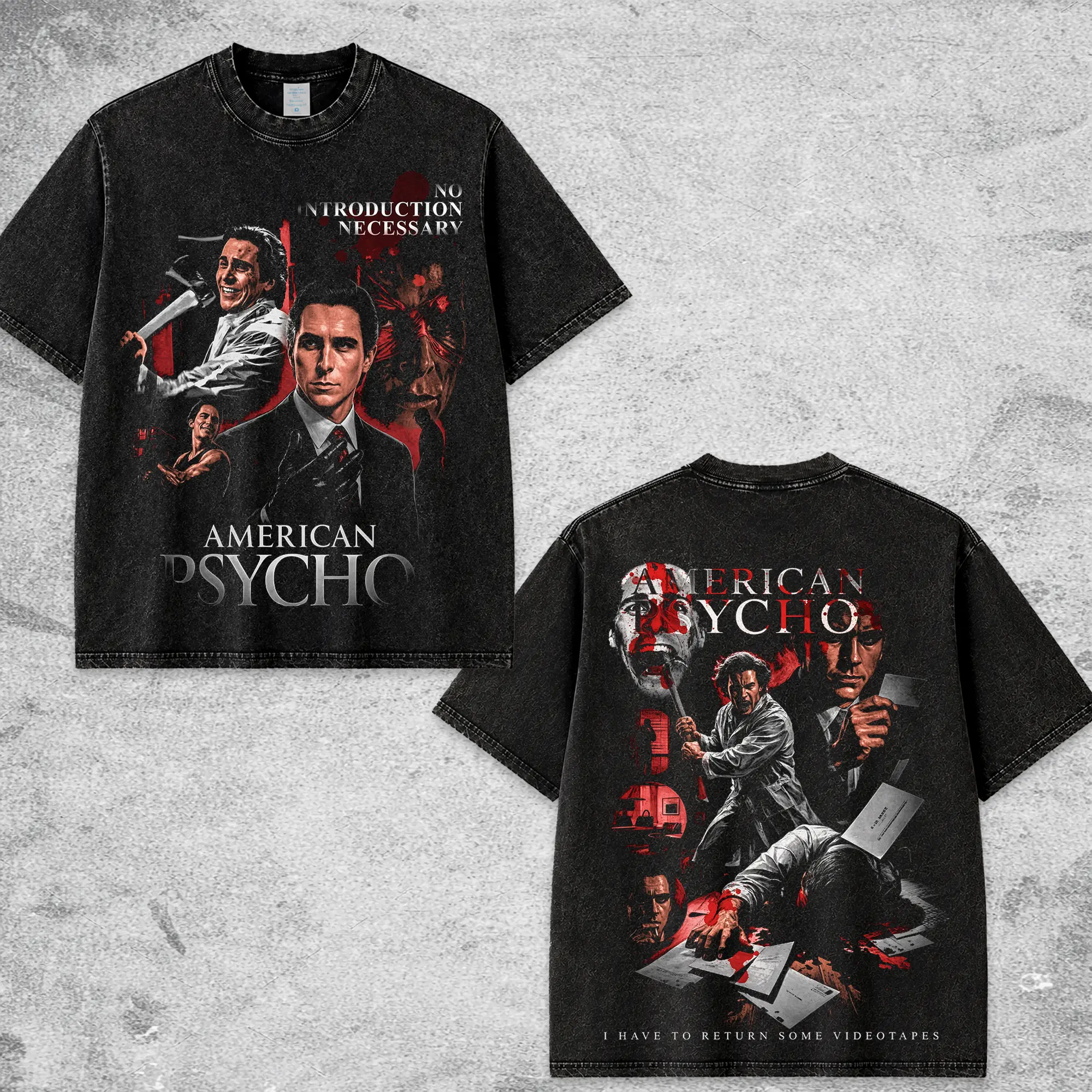 Vintage Patrick Bateman American Psycho Halloween Horror Graphic T-Shirt Black Acid Wash Oversized Streetwear Tee, Spooky Movie Fan Unisex Gift, Halloween Merch