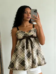 Women's Plaid Print Cami Top, Casual Sleeveless Top for Daily Wear, Casual Lettuce Trim, Ladies Clothes for All Seasons, Summer