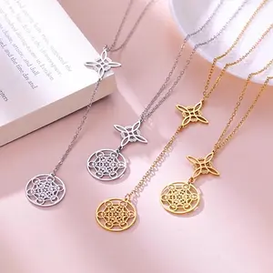 Women Witch Knot Metatron Cube Pendant Necklace Double Amulet Protection Necklaces Stainless Steel Vintage Witchcraft Jewelry
