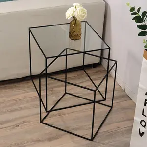 2 in 1 Nesting Coffee Table Glass Square Side End Tables W/ Metal Frame, Bedside Table, Coffee Table, for Livingroom, Bedroom, Kitchen