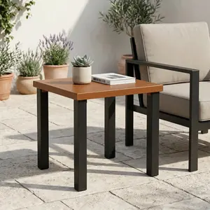 LITTLE TREE Square Outdoor Side Table, Weather Resistant Patio End Table with Wood Grain Tabletop and Sturdy Black Metal Legs, Modern Accent Table for Patio, Balcony, Garden, Living Room