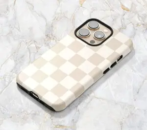 Beige & Cream Checkered Phone case for MagSafe iPhone 16 Pro Max iPhone 15 iPhone 14 Checkerboard pattern iPhone Cases, 2025 Simple Phone Case