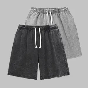 2-pack Men’s retro washed cotton weighted athletic shorts with an elastic waistband and drawstring, street style, suitable for gym workouts, training, and jogging, with pockets included.