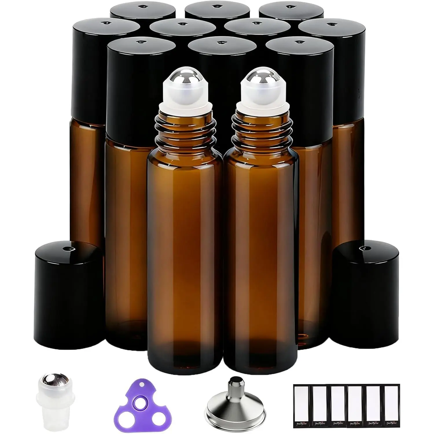 12-Pack Roller Ball Applicator-  Glass Roller Bottles for Essential Oil with Stainless Steel Roller Ball - 10 ml Refillable Leak-proof Empty Roll  Bottles with Caps for Perfume