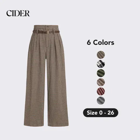 Houndstooth High Waist Belted Wide Leg Trousers Casual Pants