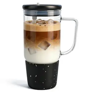 40oz Glass Tumbler with Lid and Straw, Glass Cup with Handle Silicone Sleeve, Leak Resistant Iced Coffee Cup,Large Travel Mug for Car Cup Holder,Reusable Drinking Glass for Water Smoothie Coffee Black