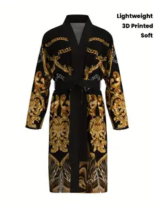 New men's noble home bathrobes for autumn and winter, 3D printed full-print technology, skin-friendly and silky bathrobes for spring and summer, thin ice silk long pajamas Loungewear