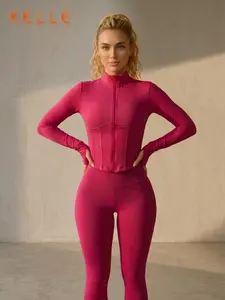 xelle Women's Full Zip Slim Fit Running Jacket - Stand Collar Workout Crop Top with Thumbholes and Contoured Ribbed Detail for Yoga & Gym