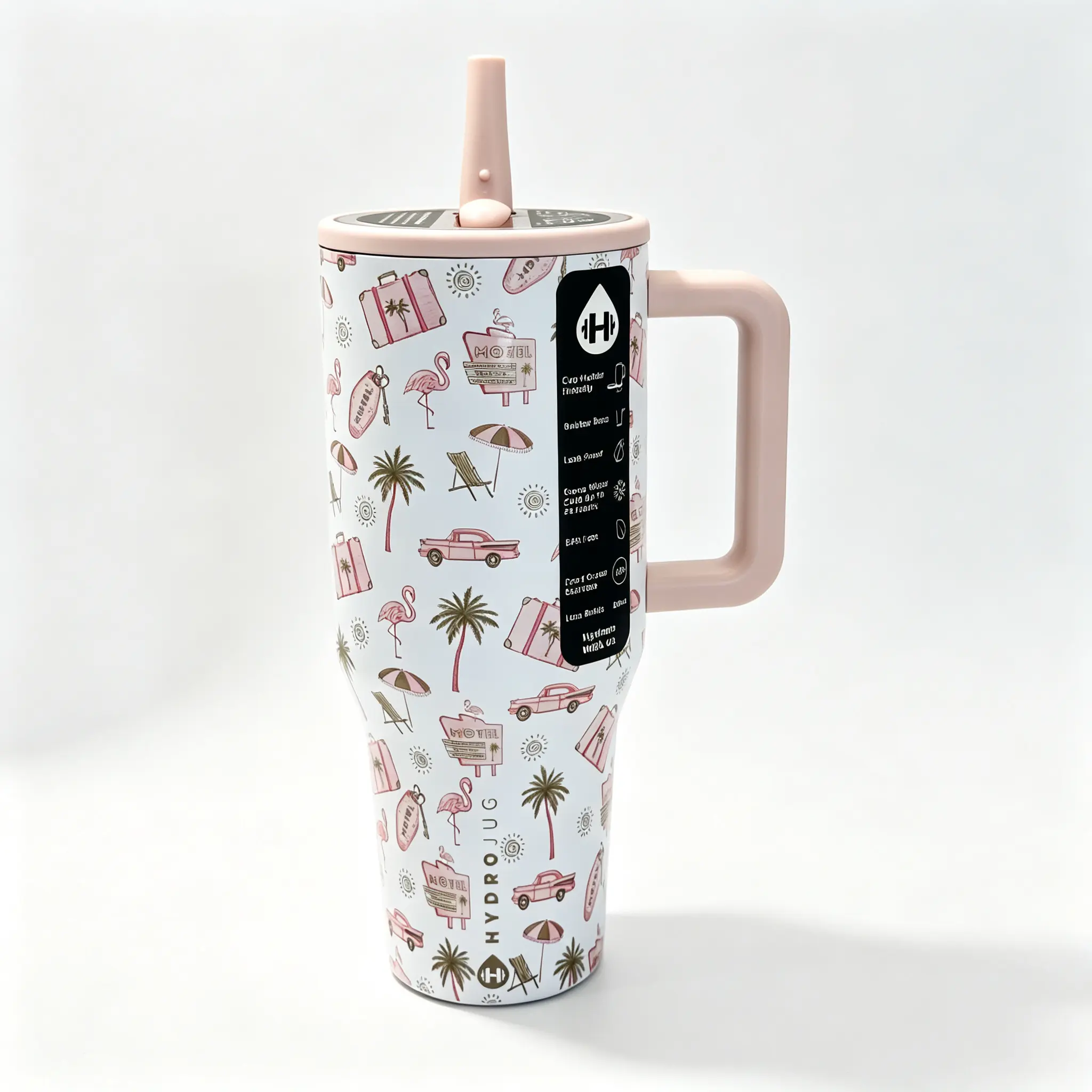 Hydrojug Limited Edition Road Trip 40oz Stainless WaterBottles, Leakproof, Retro Pink Flamingo Insulated Stainless Steel Coffee Mug withHandle & Straw, Fits Car Cup Holder, 24H Ice Cold,Gift for Her Gym Road Trip Beach Birthday Gift