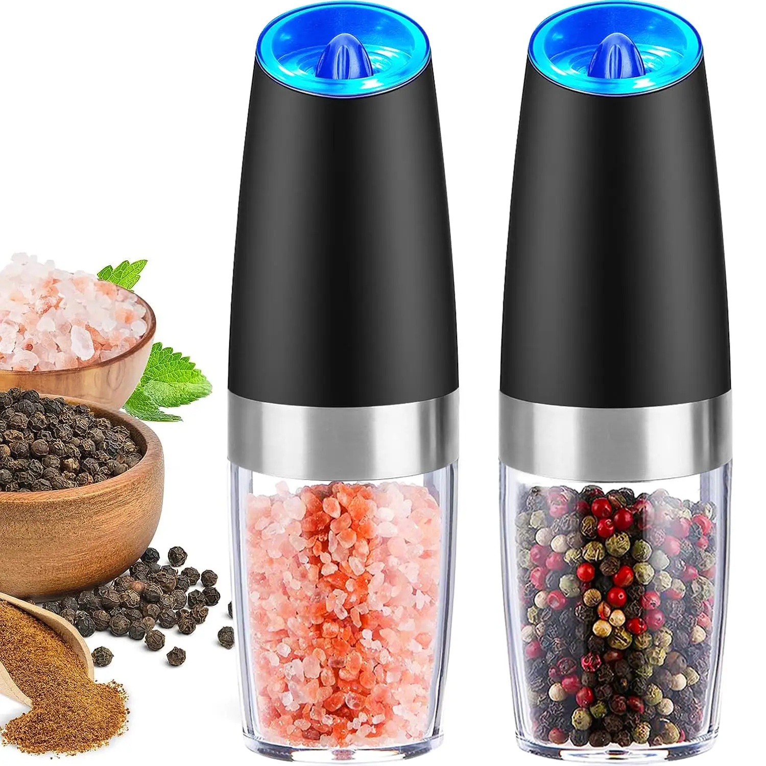 Battery Required Gravity Electric Pepper & Salt Mills Set (Without Battery), Adjustable Coarseness Electric Pepper Processor with LED Light, Household