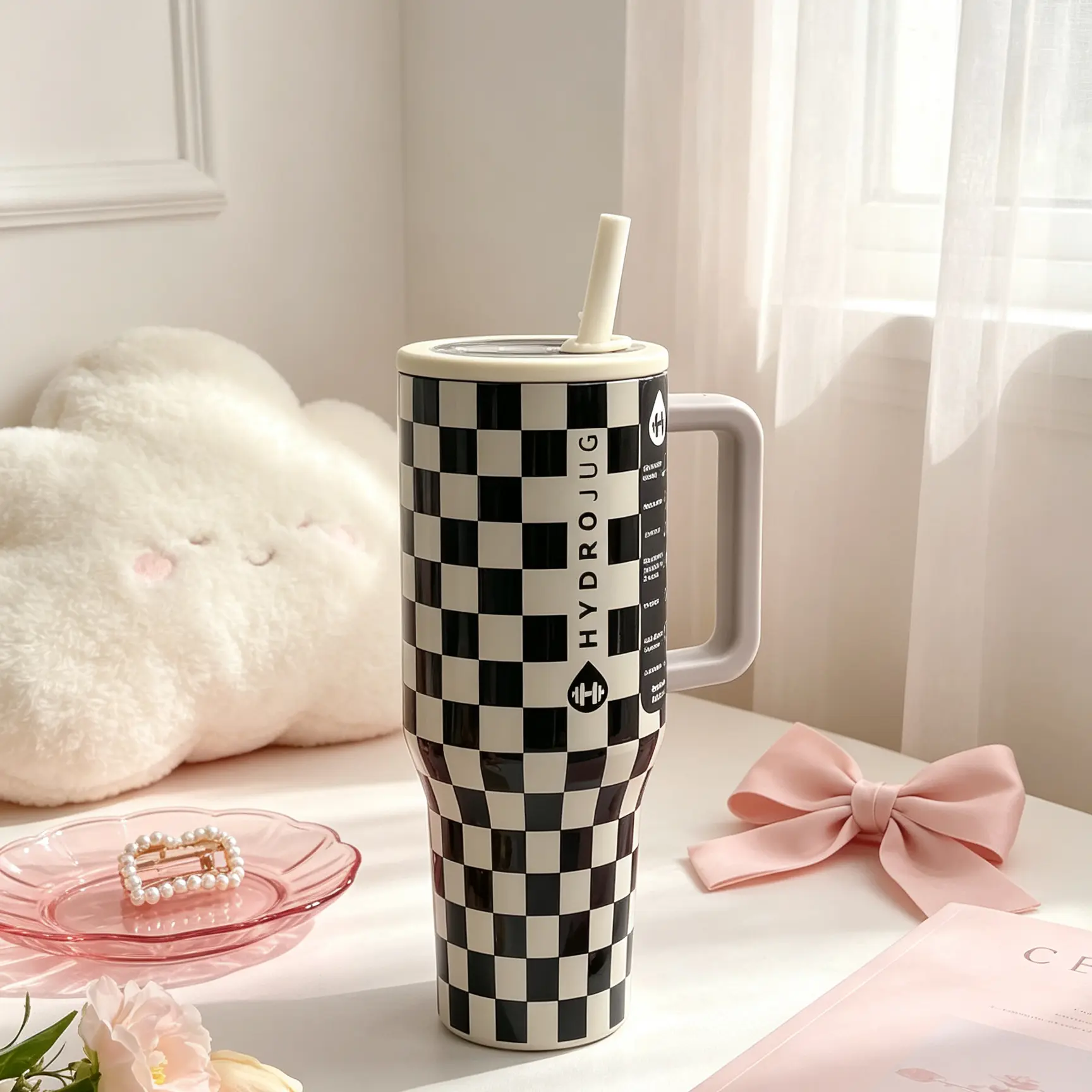 HydroJug 40oz Insulated Tumbler with Straw, Black & White Checkerboard Print, Car Cup Holder Friendly, Unisex Gift
