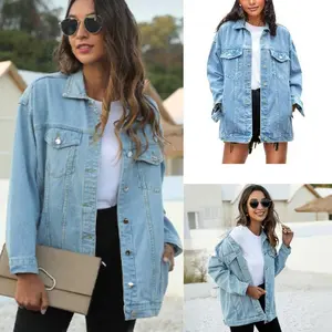 Women's Oversized Mid Long Denim Jacket Jean Biker Coat