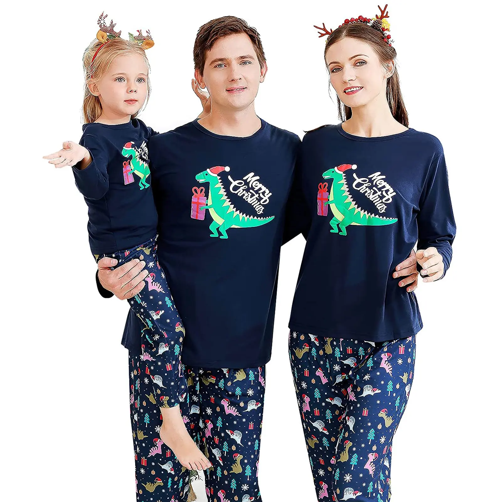 FOCUSNORM Matching Family Christmas Pajamas Set Dinosaur Printed Sleepwear Outfits for Adult Kids Baby Dog Nightwear Outfits