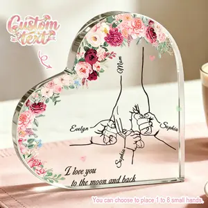 Personalized Acrylic Heart Plaque Custom Name Family Hands Keepsake Gift Custom Text Floral Clear Acrylic Sign Mom Grandma Gift Mothers Day Spring Home Decor Family Love Ornament Shelf Display For Mom Grandma Wife Daughter