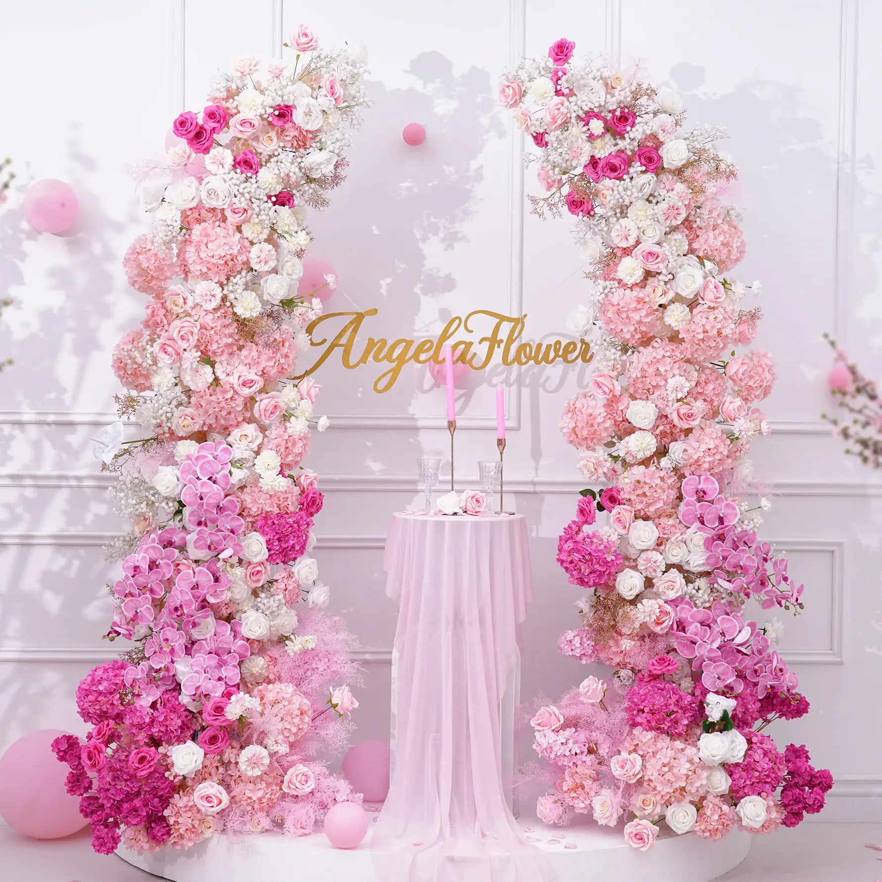 A8360 Pink Wedding Floral Arrangement Backdrop Horn Arch Frame Floor Flower Row