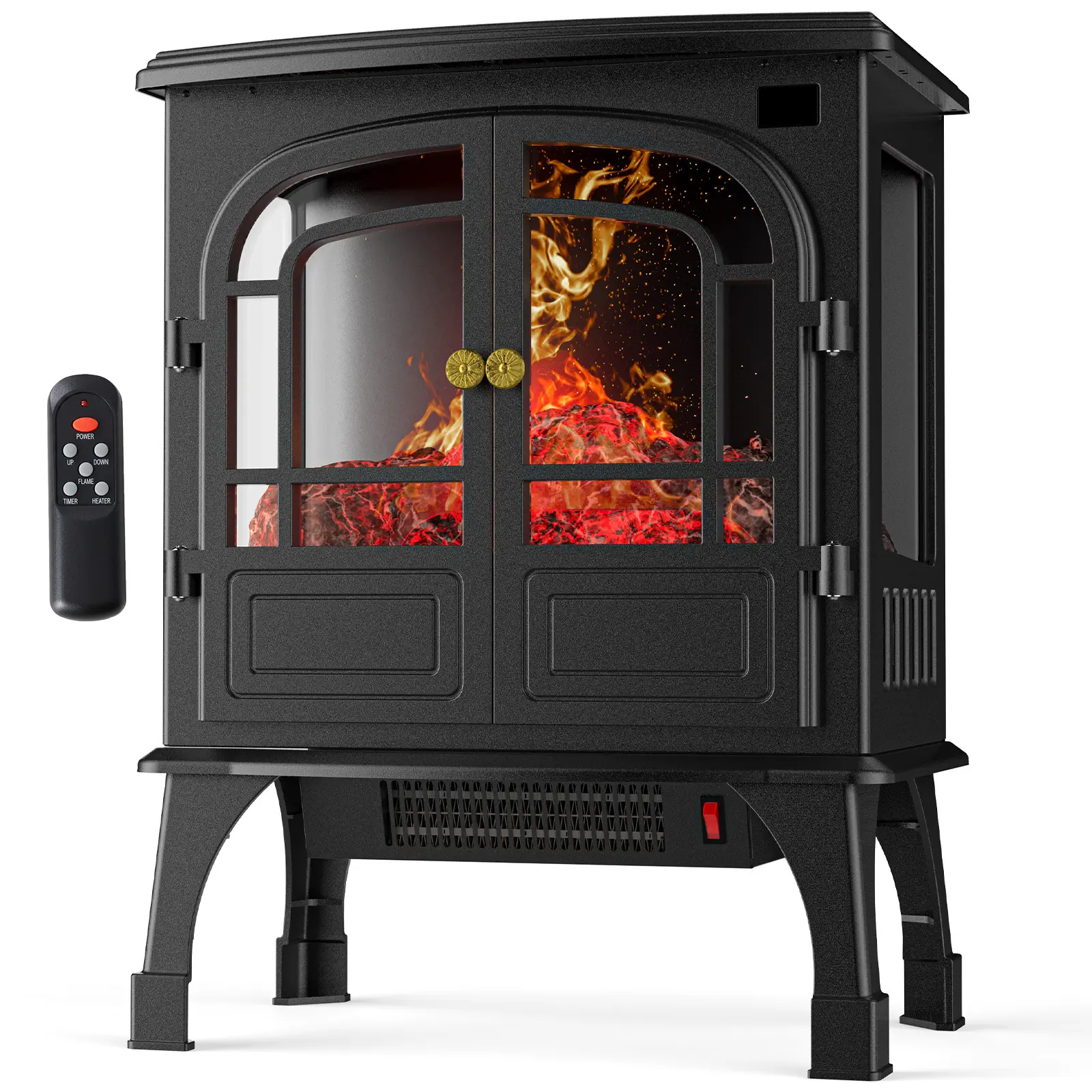 Freestanding Electric Fireplace Heater with 3D Flame Effect, Overheating Safe Design, 12H Timer & Remote Control for Living Room & Bedroom, Adjustable Flame Settings