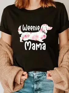 Women's Dachshund T-Shirt, Funny Weenie Mama Floral Graphic Tee, 100% Cotton Short Sleeve Everyday Streetwear Top