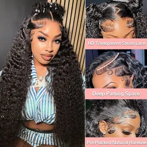 Water Wave Lace Front Wigs Human Hair Pre Plucked Wet And Wavy 13x4 Hd Lace Frontal Wig Human Hair 180 Density for Women Bouncy Soft Deep Curl Glueless Tangle Free Natural Hairline