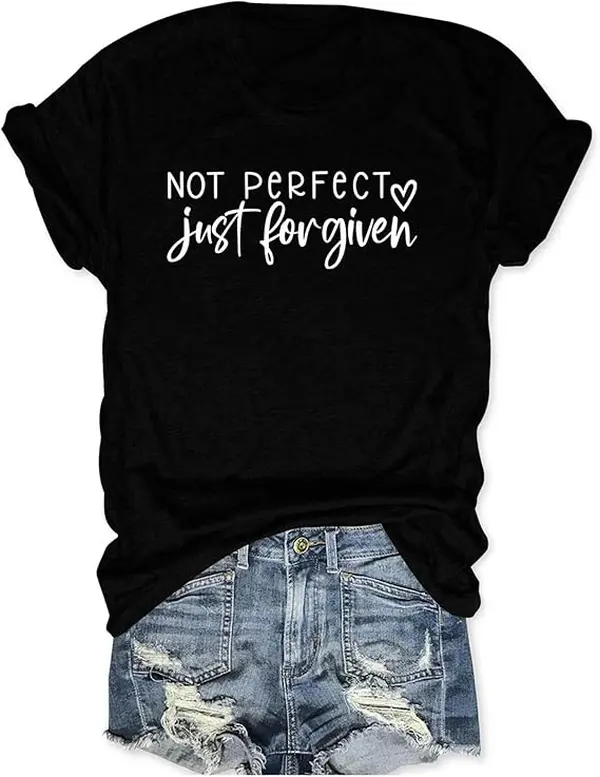 Men's Christian Short-Sleeve Round Neck Graphic T-Shirt Top - Ultra-Soft Cotton Casual Tee, "Not Perfect Just Forgiven" Heart Print, Easter-Good Friday Faith Gift, Shortsleeve