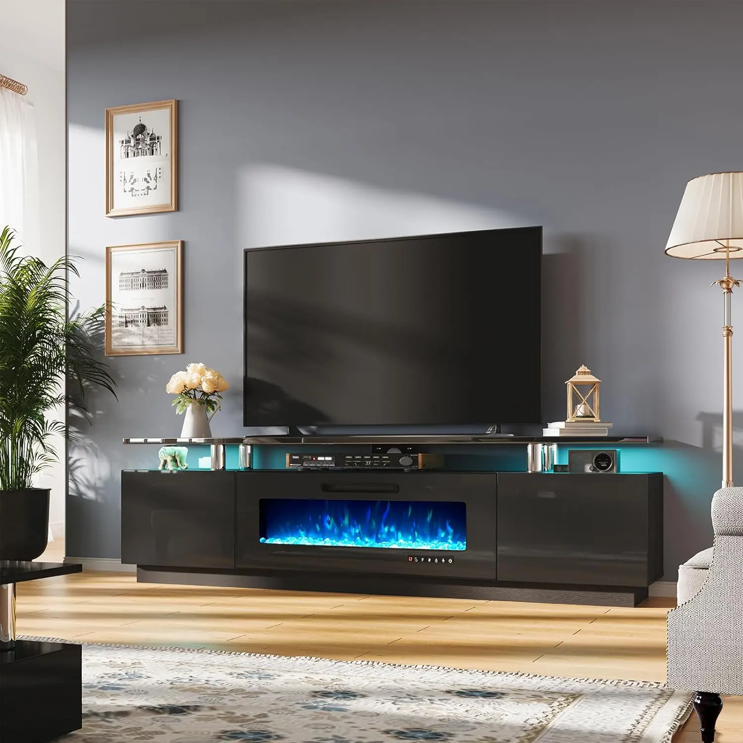 AMERLIFE Fireplace TV Stand with 36" Fireplace, 70" Modern High Gloss Entertainment Center LED Lights, 2 Tier TV Console Cabinet for TVs Up to 80", Obsidian Black