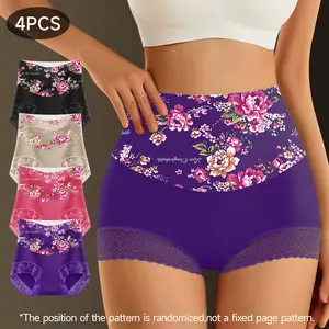 4 Pairs of Women's Boxer briefs, High Waist Printed Briefs, Lace Patchwork Briefs Suitable for Women's Clothing or Daily Wear - Breathable and Comfortable Exquisite Women's Boxer Briefs 1295 Panties Womenswear Cotton Black