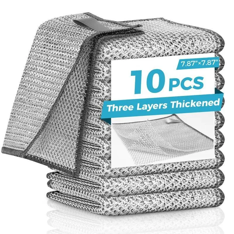 10 Pcs New Upgrade3-Layermetal Dish Cloth, No Scratches and�� No Odor�� Multipurpose Wire Dishwashing Rag for Wet and Dry,Kitchen Cleaning DishRags,Sinks, Dishes,Stove Top,Dimensions(7.87X7.87)