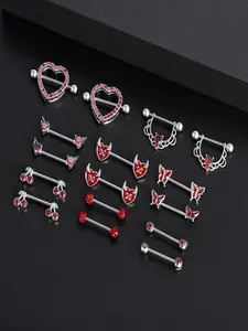 8 Pairs Nipple Rings Tongue Ring 14G Stainless Steel CZ Ball Butterfly Cherry Heart Apple Straight Nipple Barbells Body Piercing Jewelry for Women Silver Red Pink Tone 16mm