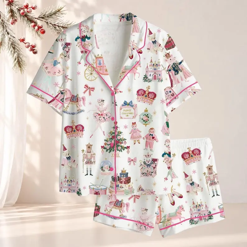Women's Short-Sleeve Nutcracker Christmas Pajama Set - Pink Ballet Sugar Plum Fairy Sleepwear, Loungewear with Pants, Christmas Gift