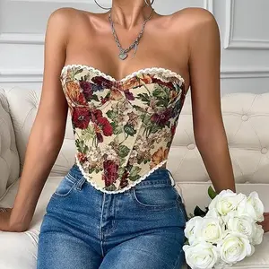 Vintage Corset Top for Women Floral Strapless Bustier Lace Trim Lace-up Crop Tube Top for Party Club Concert，corset tops