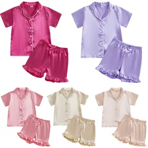 Toddler Baby Kids Satin Pajamas Set Short Sleeve Button-Down Shirt Tops Shorts Summer Sleepwear PJs for Girls