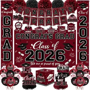 Graduation Decorations 2026 Maroon Party Decor Set with Congrats Grad Banner, Class of 2026 Backdrop, Balloons, Box & Streamers Supplies for High School & College Celebrations