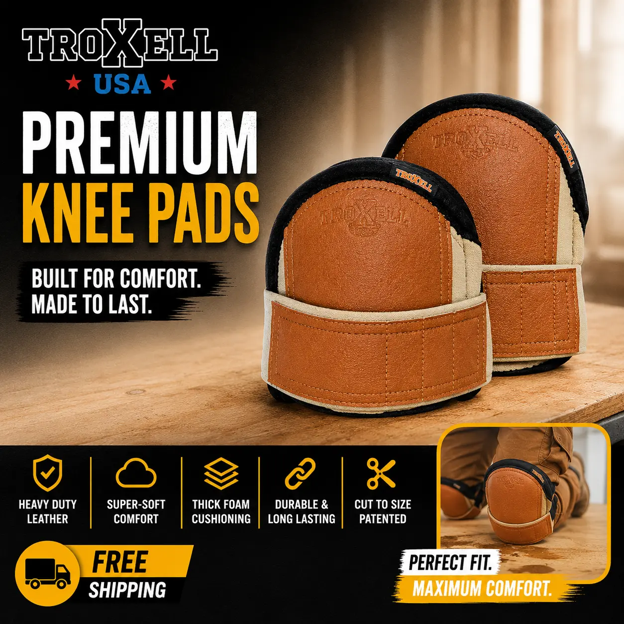 TROXELL USA SuperSoft Leatherhead Kneepads - (Large Size / Bagged in Pairs)