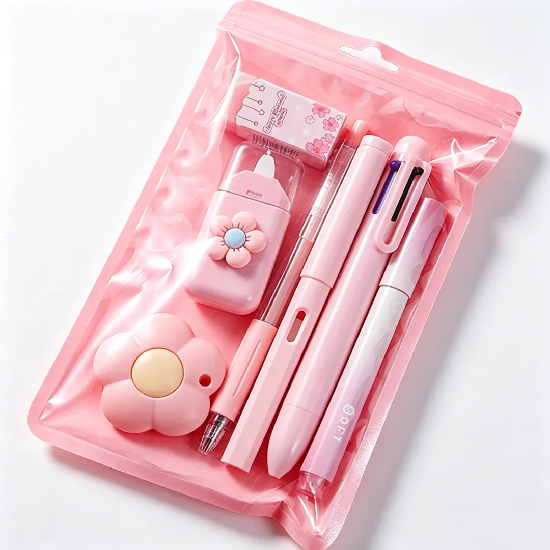 7-Piece Kawaii Stationery Set, Cute Pastel School Supplies Kit with 6-Color Pen, Gel Pen, Highlighter and Correction Tape Stationary Set Learning Materials Pen Box Kits