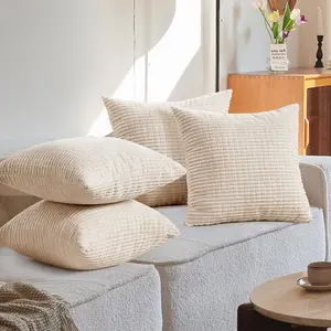 Deconovo Pillow Covers, Throw Pillow Covers 18x18, Throw Pillows, Set of 4, Cream Corduroy Striped Decorative Sofa Couch Bed Bedroom Living Room Pillowcases, Home Decor Machine Washable Cushion Cover