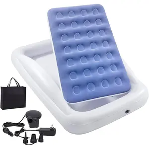 Inflatable Kids Travel Bed Toddler Air Mattress Set,Portable Blow Up Mattress Sleeping Bed Cot with Bed Rails and Electric Pump Ideal for Road Trip