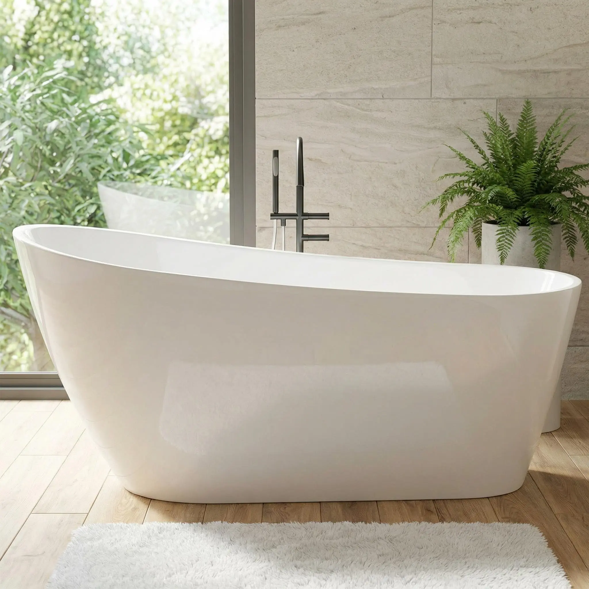 Gaomon 59-Inch Freestanding Acrylic Bathtub - Double-Wall Design for Warm Soaks, Polished Chrome Overflow, Anti-Clog Pop-Up Drain, Glossy White Finish, Space-Smart Fiberglass-Enhanced Tub for Bathroom Remodel (Safety & Convenience Focused)