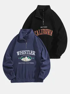 Men's Fall Winter Fleece Mid-High Neck Half-Zip Shoulder Pad Embroidered Pullover Sweatshirt Loose Casual Athleisure Sportswear 2 Pack