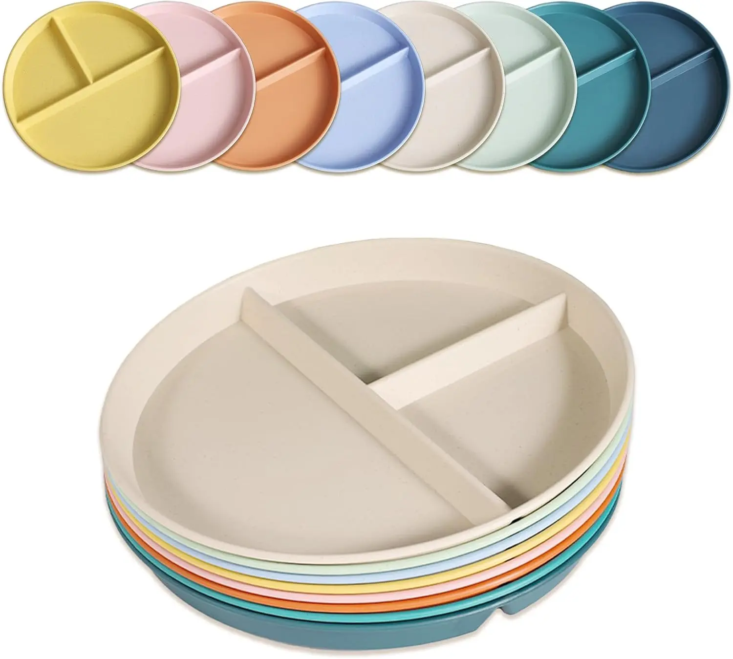 Divided Plates for Adults (8 Packs), Unbreakable Portion Control Plate Sectioned with Dividers, 9 Inch Plastic  Separator Dinner Plates Lightweight Compartment   Microwave Safe