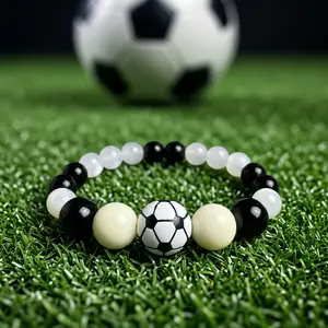 Elastic Beaded Bangle with Soccer Element - Football Fashion Accessory for Collectibles, All Wrist Sizes Costume Jewelry