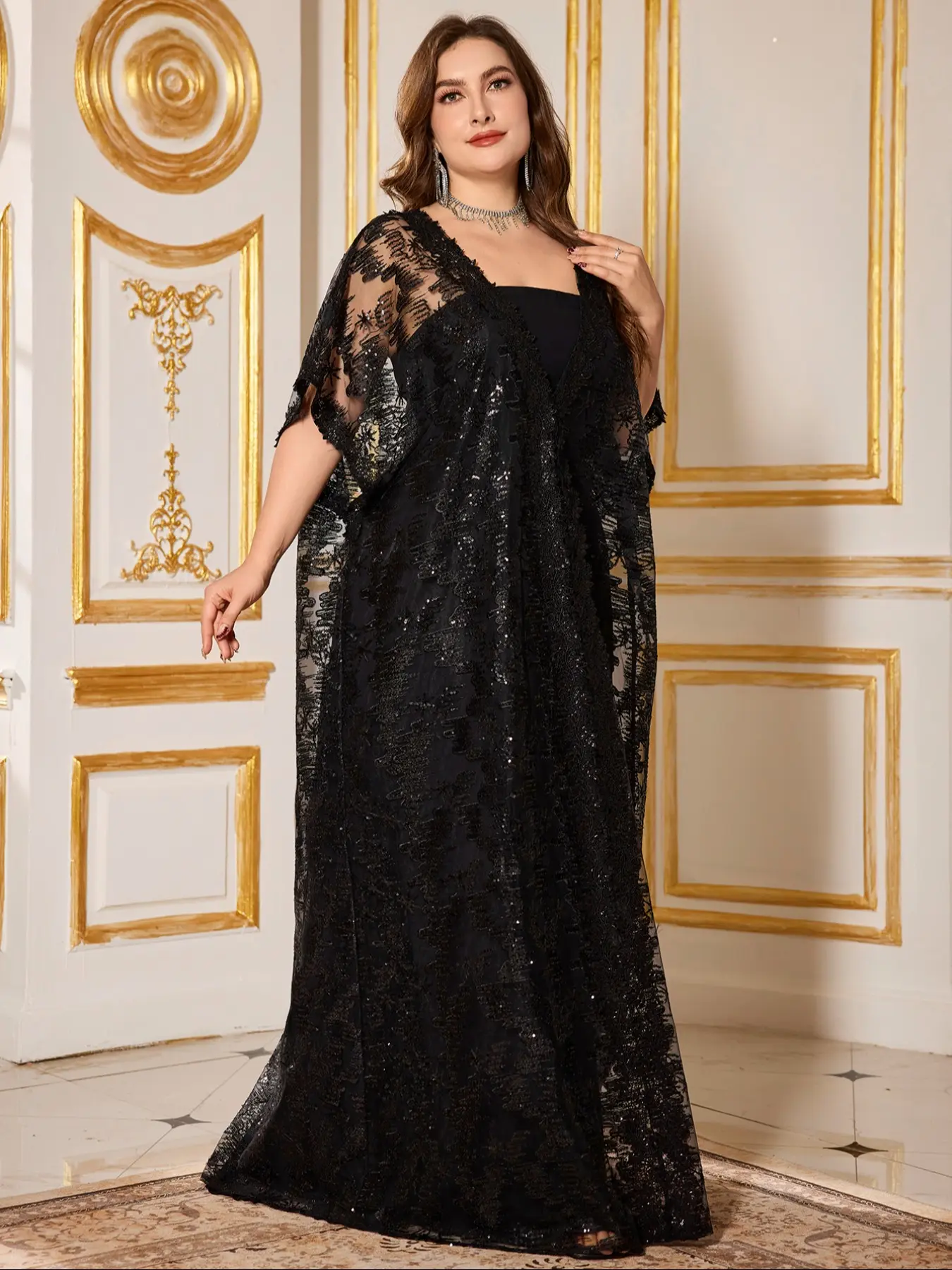 Random Cut Flower Design Big Size Halter Shawl Dress, Two-Wear Sequined Embroidered Chic Elegant Fitted Maxi Formal Evening Gown, Party Prom Dresses