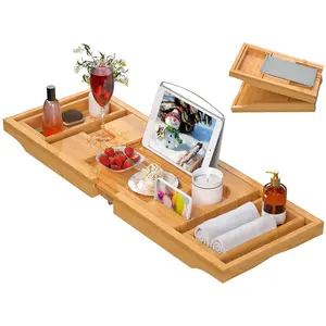Bamboo Bathtub Caddy Tray for Tub, Foldable Expandable Bath Tray with Book & Wine Glass Holder, Includes Free Soap Dish, Luxury Spa Bath Table for Reading & Relaxation, Natural