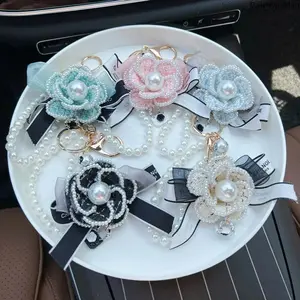 Camellia Bow Keychain with Pearl Chain, Korean-Style Coquette Charm for Daily Fashion Accessories
